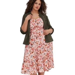 Torrid womens Pink Floral Midi Dress challis button front skater 14 16 sundress